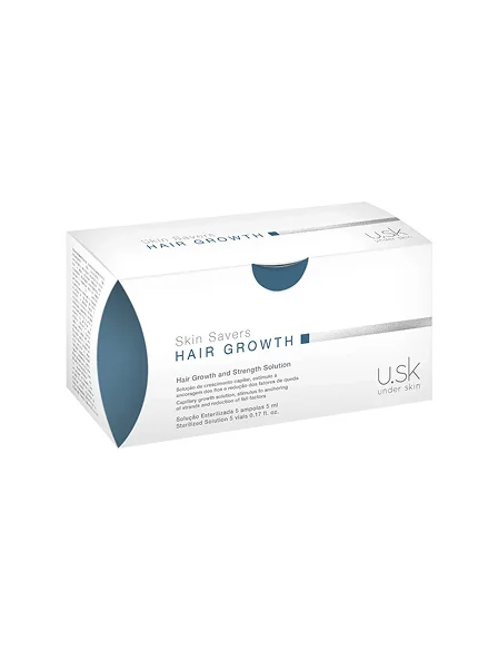 A product box for "Skin Savers HAIR GROWTH" by u.sk under skin, featuring a clean white design with blue and silver accents. - Skincare in Los Angeles, CA